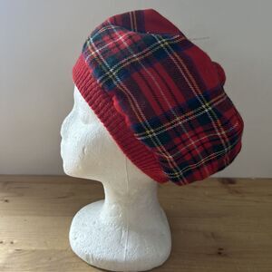 Vintage Scottish Beret Classic Red Tartan Wool Plaid Beanie Cap w Pom Bagpipes